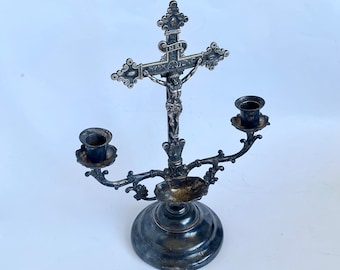 Vintage Last Rites Sick Call Crucifix, Antique Crucifix Candelabra, Quadruple Silver Plate Double Light Candelabra, Religious Catholic Decor