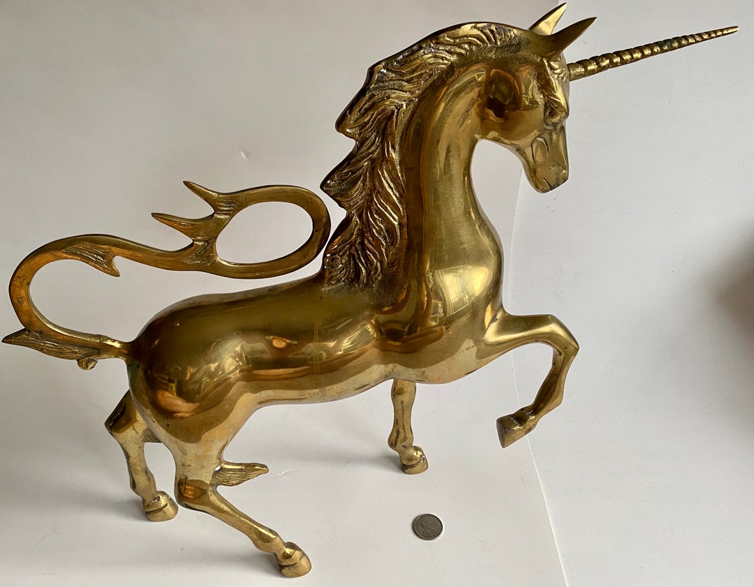 Vintage Unicorn Statue, Solid Brass Unicorn Statue, Golden Unicorn