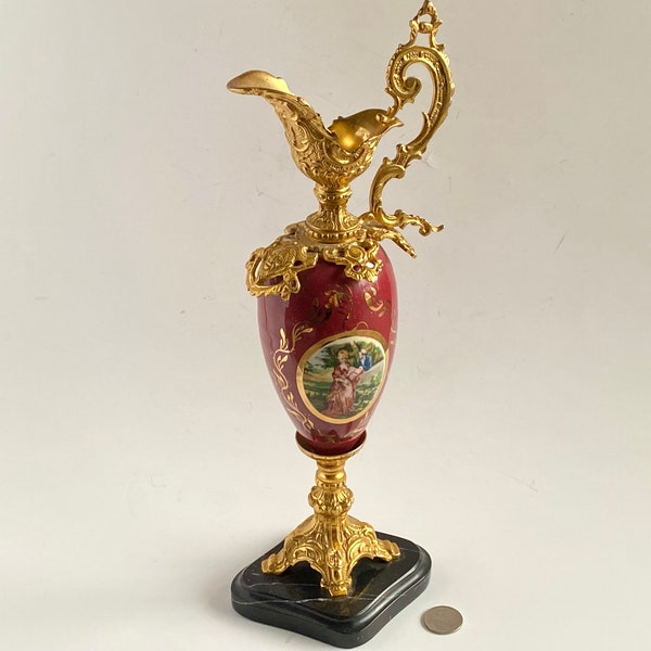 Vintage Victorian Ewer, Rare Ceramic Garniture Vase, Red Porcelain Body Art Nouveau Ewer, French Boudoir Style Decorative Jug Pitcher