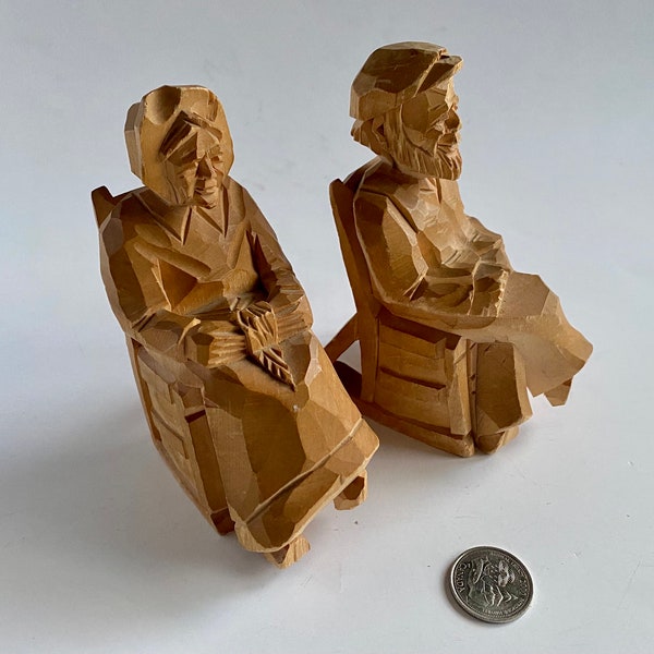 Vintage Quebec Wood Carved Elderly Couple, Quebec Folk Wood Art, Elderly Couple in Rocking Chairs Sculptures, Vintage Wooden Sculptures