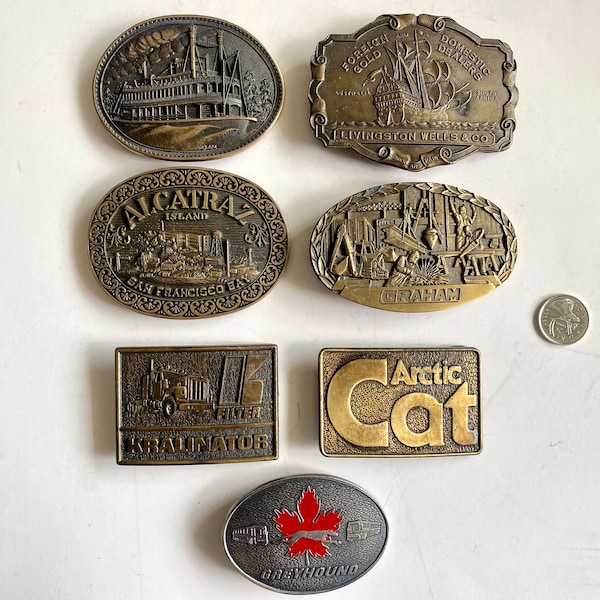 Vintage Award Design Medals Belt Buckles, Alcatraz Island Buckle, Arctic Cat Buckle, Livingston Wells Buckle, Brass Buckle, Steamboat Buckle