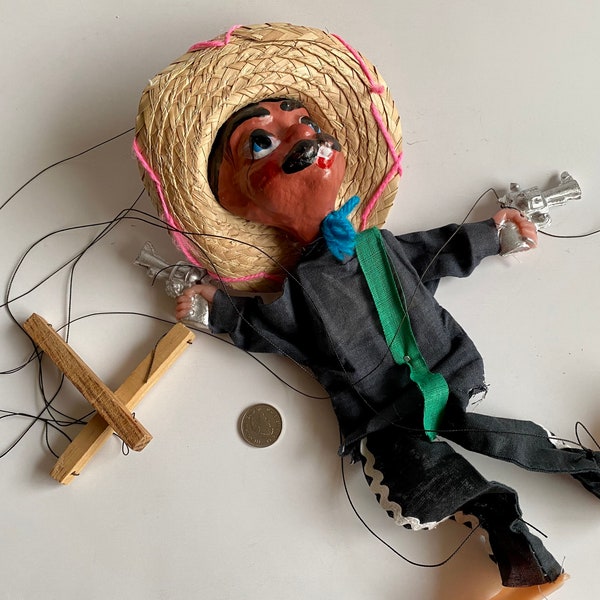 Vintage Mexican Bandito Marionette, Rare Bandit Puppet Marionette Doll, Mexican Gunslinger Marionette, Gunman Marionette