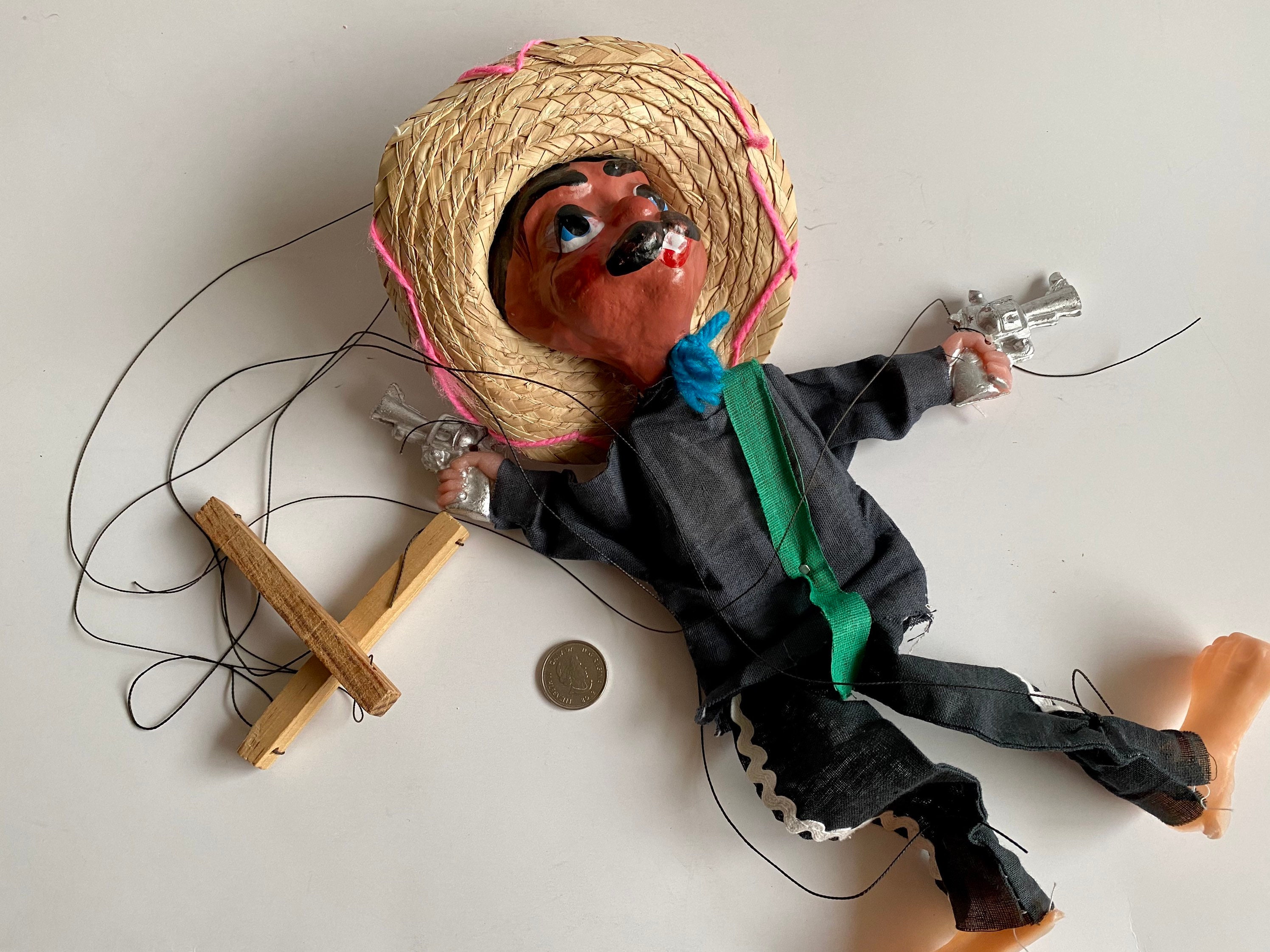 Vintage Mexican Men Marionette Wooden String Puppets - Lot of 2