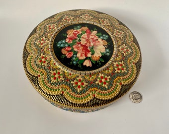 Vintage Tin Box w/ Needlepoint Embroidery Design, Embossed Floral Tin Box, Pointillism Mosaic Design Candy Biscuit Tin, Made in Holland