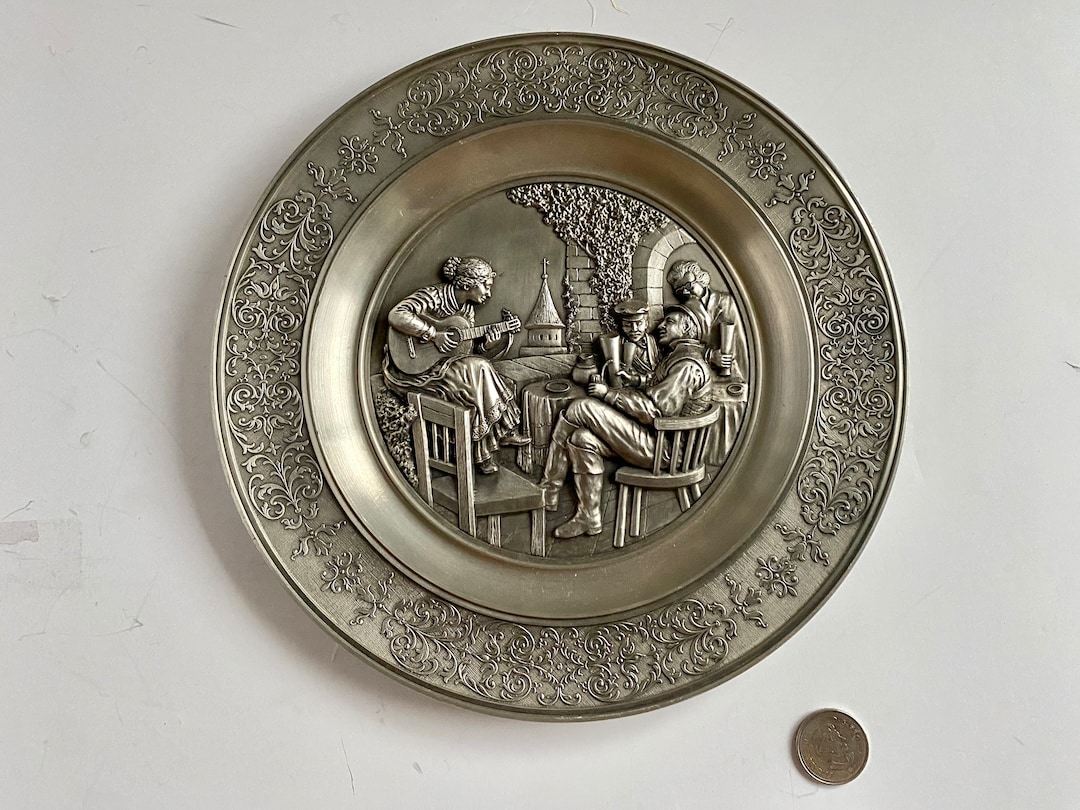 Vintage Pewter Decorative Plate, Embossed Pewter Plates, Zinn Pewter
