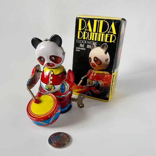 Vintage 1970's Wind Up Tin Lithograph Panda Bear Drummer, Panda Drummer Clock Work Toy, Collectible Wind Up Toy, Brand New Drummer Panda