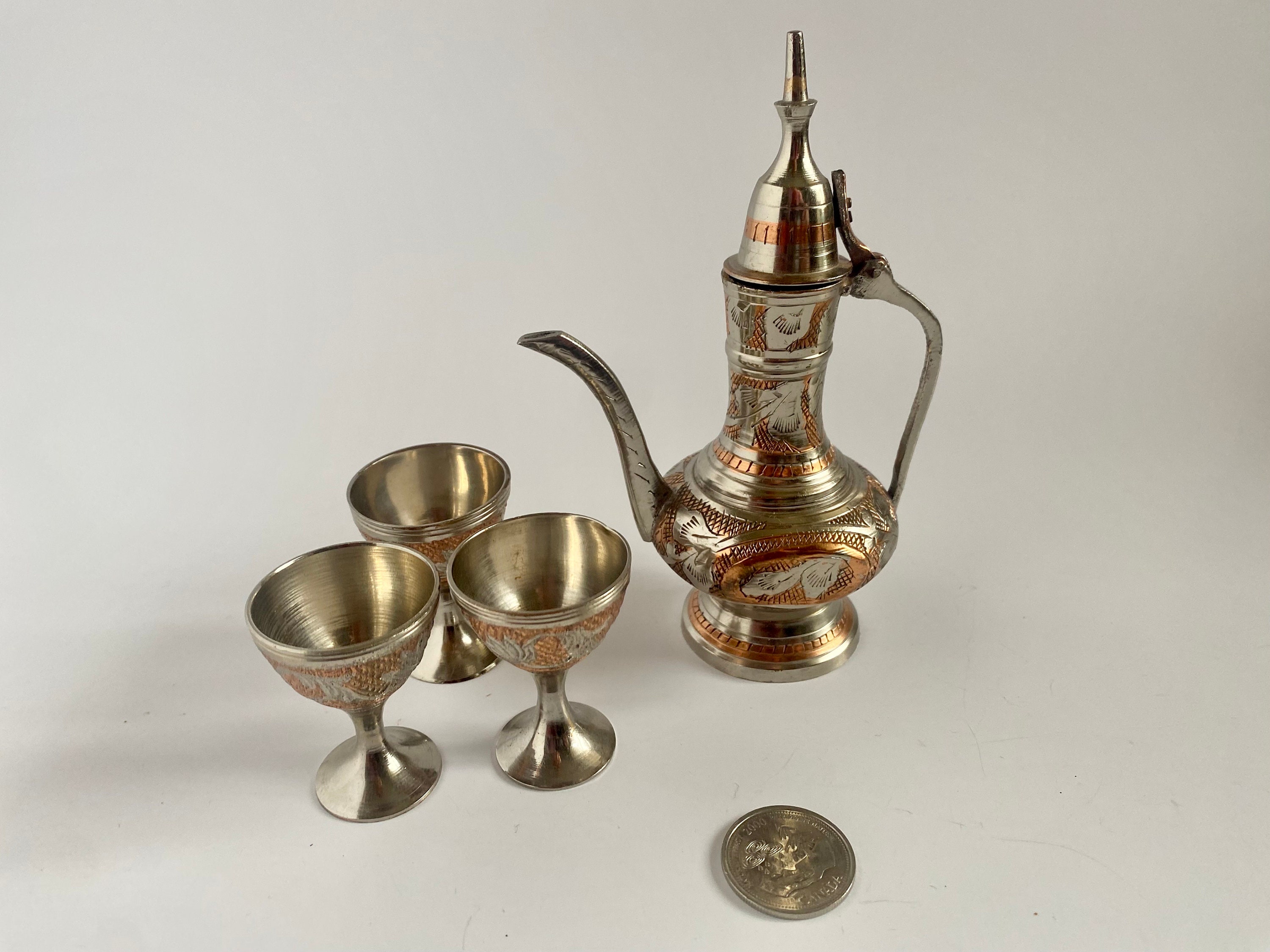 Miniature Brass Silver Surahi Aftaba Set, Tiny Ewer Set With Cups