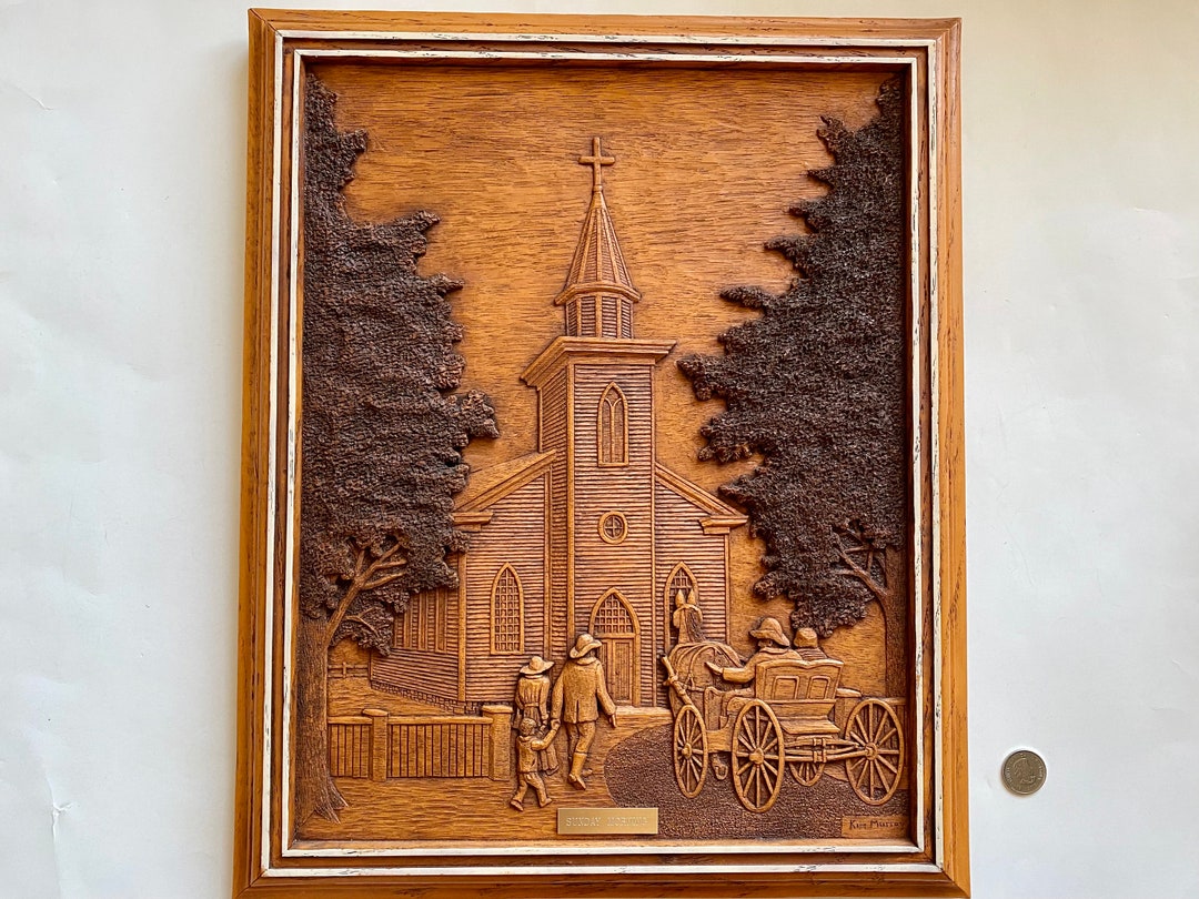Vintage Wooden Plaque, Kim Murray Carving Sunday Morning, Bas Relief