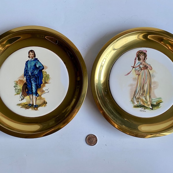 Vintage Gainsborough Blue Boy Decorative Plate, Lawrence Pinkie Porcelain on Brass, Blue Boy and Pinkie Decorative Cabinet Display Plates