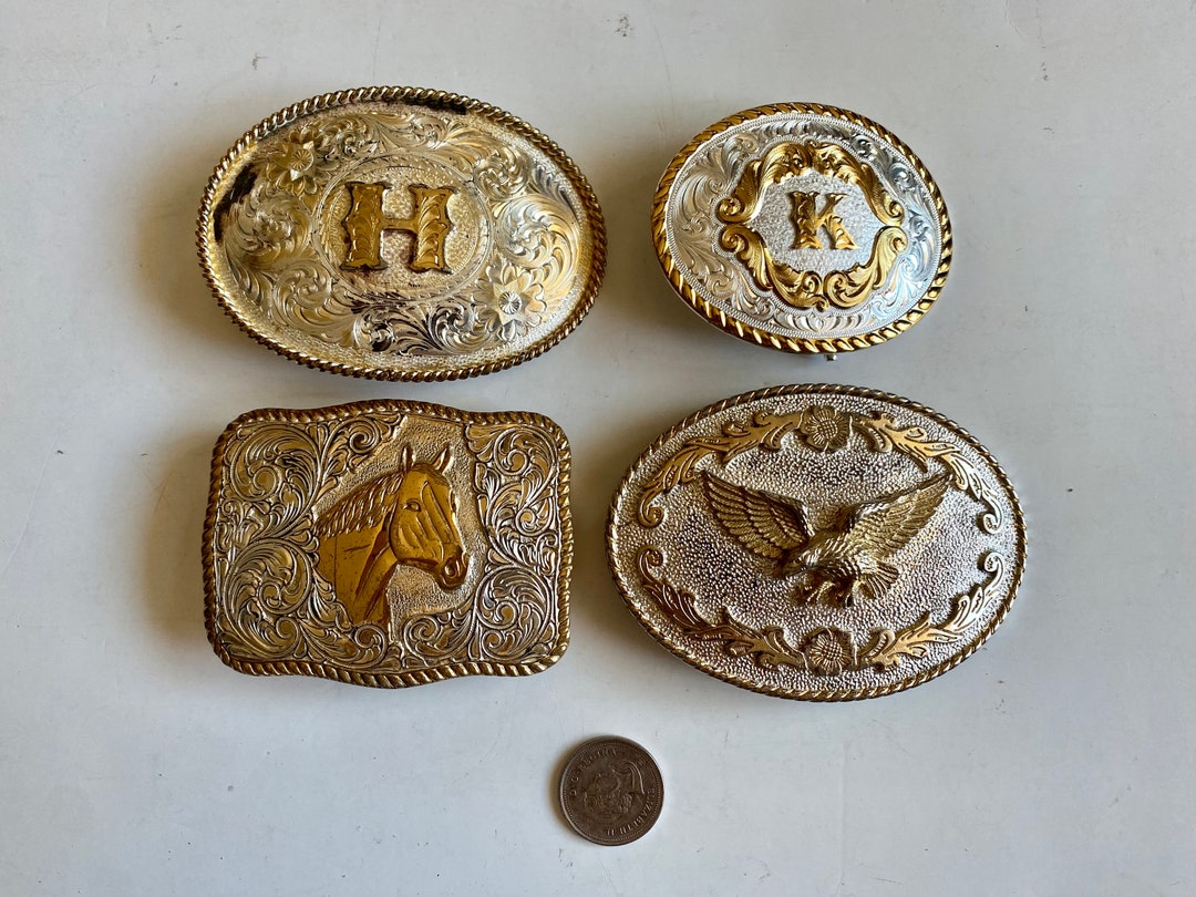 Vintage Western Style Belt Buckles, Silver Plated Buckles, Initial