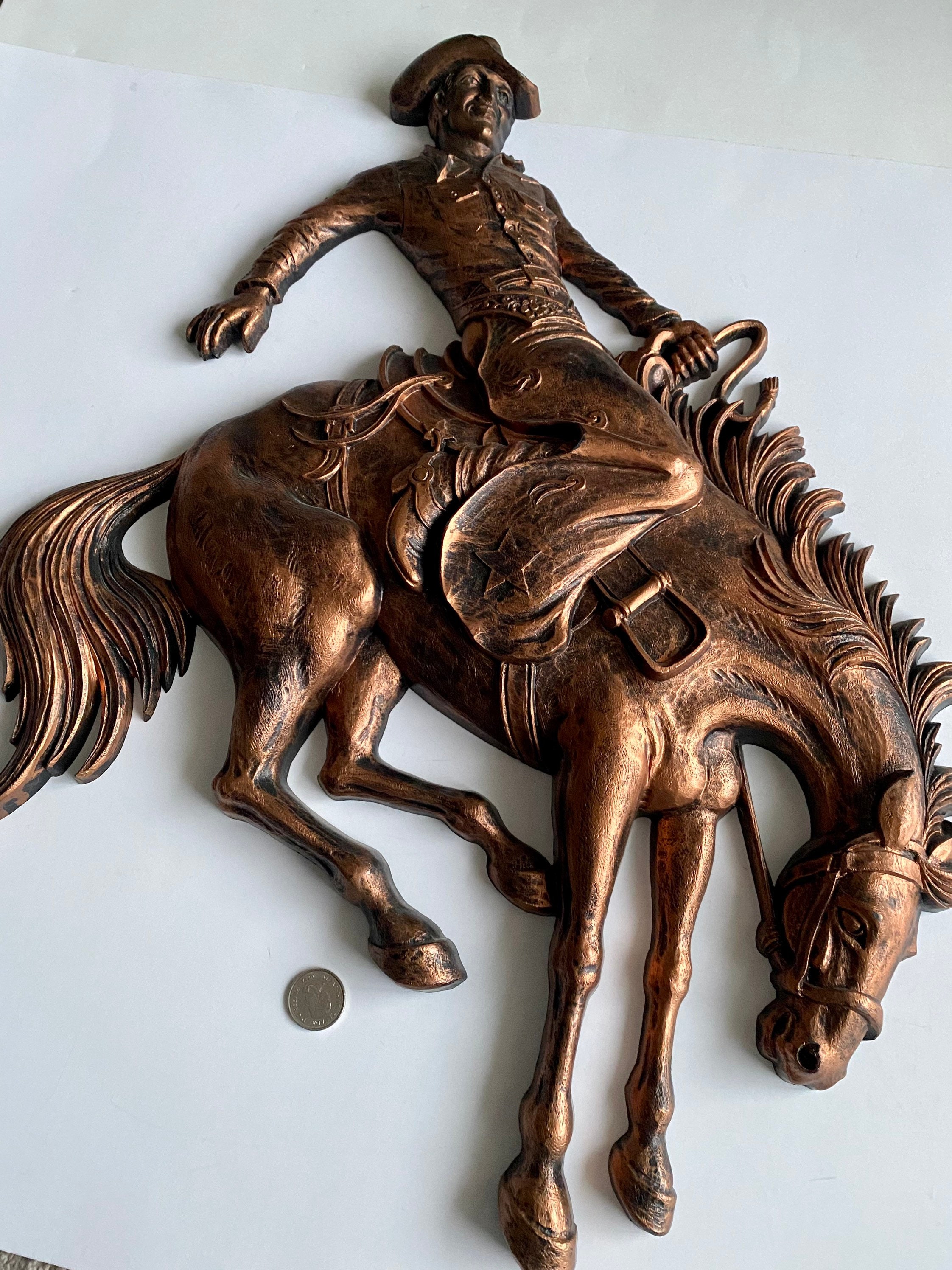Vintage Syroco Copper Art, Cowboy Wall Decor, Rodeo Cowboy Riding a