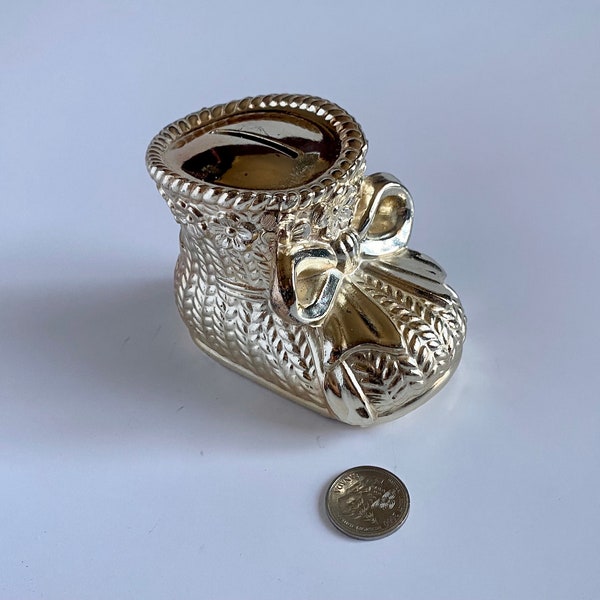 Vintage Golden Baby Sock Piggy Bank INCOMPLETE!!!, Metal Baby Knitted Sock Bank, Baby Shoe Coin Bank, Decorative Baby Gift, Baby Shower Gift