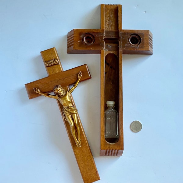 Vintage Last Rites Crucifix, Wooden Last Rites Cross w/ Hidden Compartment For Holy Water & Candles, Vintage Crucifix, Christ on the Cross