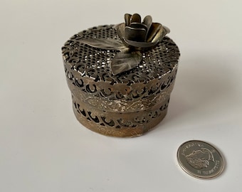 Vintage Metal Filigree Jewelry Box, Cylindrical Mesh Trinket Box, Floral Keepsakes Box, Metal Jewelry Box w/ Rose, Cutout Silver Metal Box