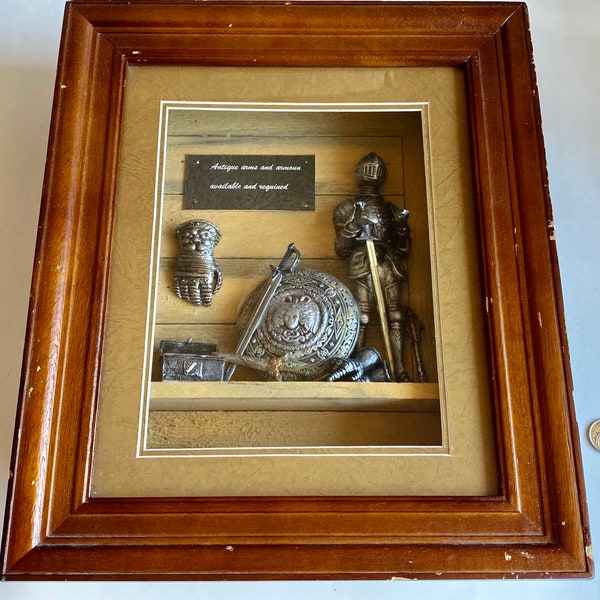 Vintage Knight Armour Shadowbox Display, Medieval Knight Diorama In Wooden Frame, Medieval Swords Shields, Medieval Theme 3D Wall Art