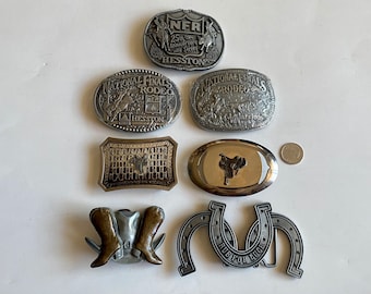 Vintage Collectible Pewter Belt Buckles, NFR Rodeo Buckles, Cowboy Boots Buckle, Saddle Horseshoe Buckles, Western Style Buckle