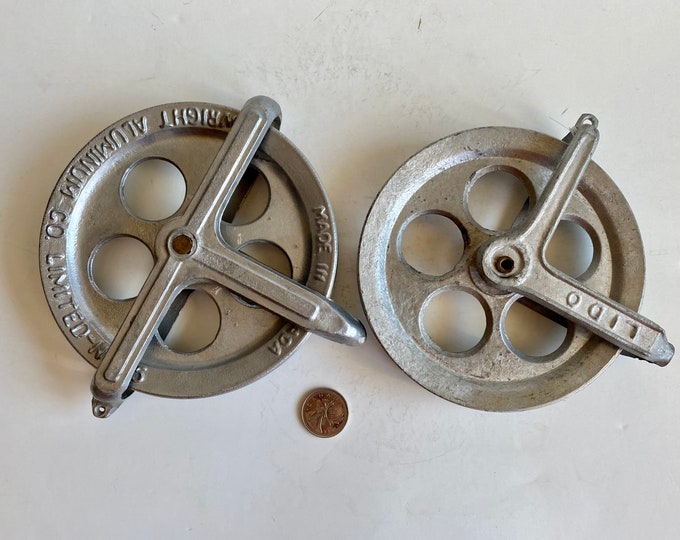 Set of 2 Vintage Cast Aluminum Pulleys, Canadian Aluminum Pulleys