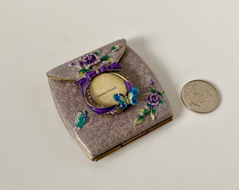 Vintage Pocket Mirror, Collectible Pocket Mirror w/ Mini Picture Frame, Double Compact Mirror w/ Crystals, Lavender Floral Compact Mirror