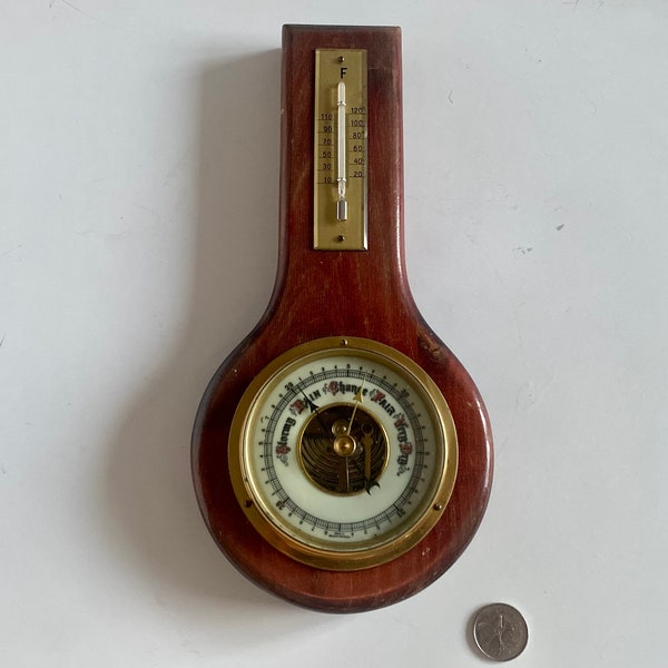 Vintage Weather Station Made in Western Germany, Keyhole Shaped Barometer, Nautical Barometer on Wood, Vintage Barometer Thermometer