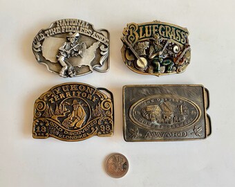 Vintage Brass Pewter Belt Buckles, Old Time Fiddlers Assoc Buckle, Bluegrass Belt Buckle, Yukon Territory Klondike Buckle, Beer Award