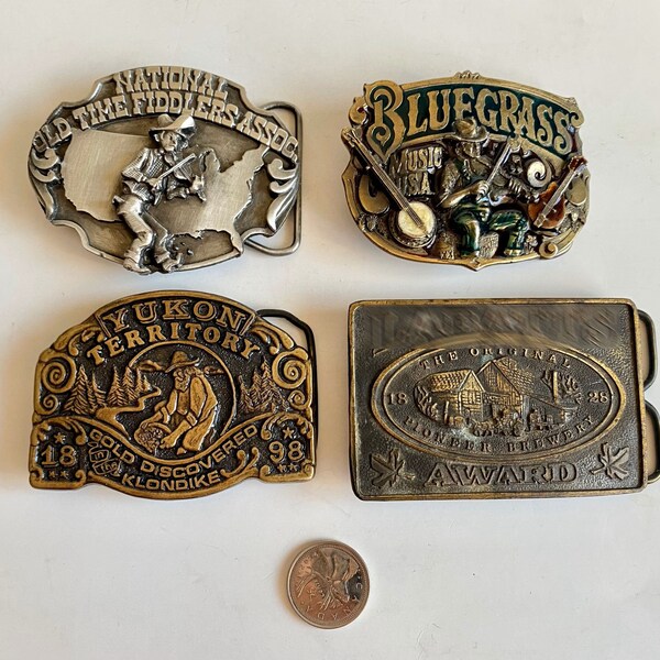 Vintage Brass Pewter Belt Buckles, Old Time Fiddlers Assoc Buckle, Bluegrass Belt Buckle, Yukon Territory Klondike Buckle, Beer Award