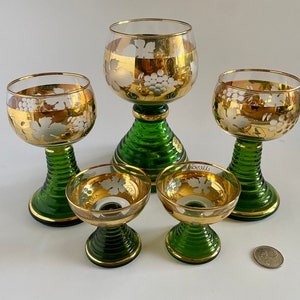 Set of 3 Goblets with Green Stems and Base, Etched Grapes - Ruby Lane