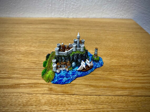 Castle on the Coast with Port and Ship -- miniature for board games like War of the Ring