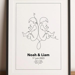 Customizable twins poster - minimalist birth - single line
