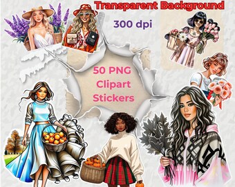 50 Watercolor Stylish Girl Clipart Bundle, Fashion Clip Art PNG, Digital Stickers for Scrapbooking, Planners, Crafts Commercial Use,