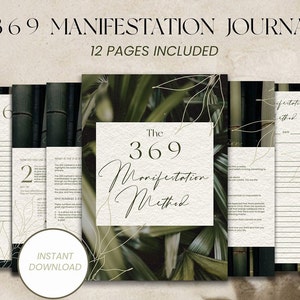 Puede incluir: Una descarga digital de un diario de manifestación 369 con 12 páginas. La portada presenta un diseño de hojas verdes y blancas con el texto "The 369 Manifestation Method".