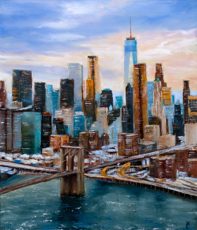 New York skyline Brooklyn Bridge art City light Large wall Art Etsy