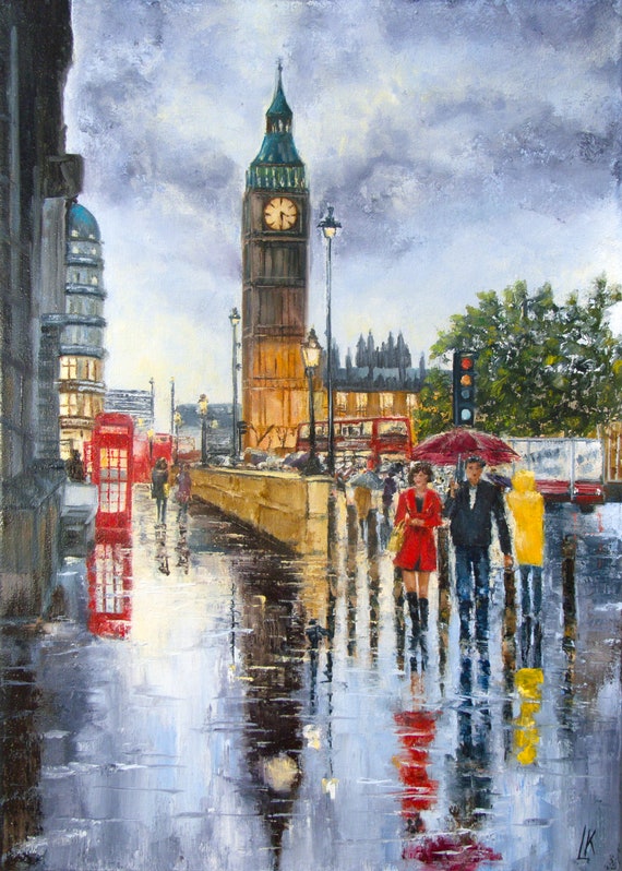 London rainy day oil painting Great Britain London Cityscape | Etsy