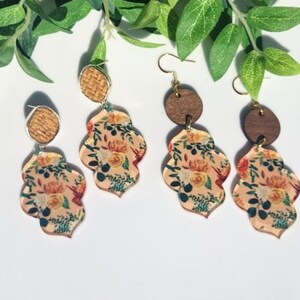 Peach Floral Earrings, Flower Earrings, Fall Floral Print Earrings, Acrylic Earrings,  Gift for Her