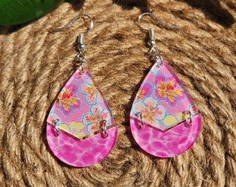 Pink Summer Floral Earrings, Acrylic Teardrop Earrings, Flower Earrings, Statement Earrings, Pink Dangle Earrings
