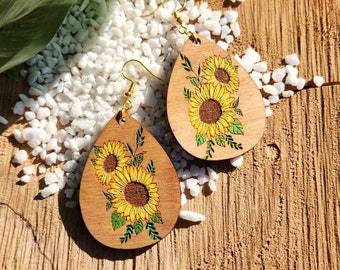 Sunflower Earrings, Hand Painted Earrings, Flower Earrings, Painted Laser Cut Wooden Earrings, Flower Gift for Women, Gift for Best Friend