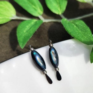 May include: A pair of dangle earrings featuring iridescent oval beads with a dark metallic finish. The earrings have a silver-tone metal accent and a small, black, teardrop-shaped charm. The earrings are displayed on a white surface with green foliage.
