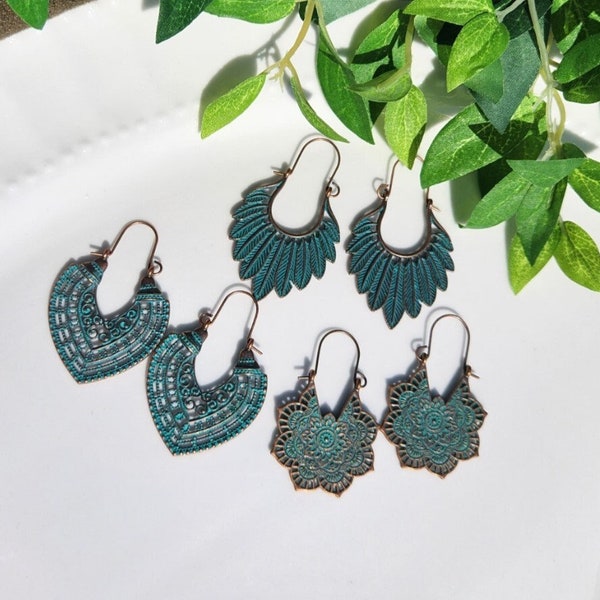 Patina Hoop Earrings, Boho Earrings, Bohemian dangle earrings, Bohemian gypsy vintage earrings, Tribal earrings, Patina earrings