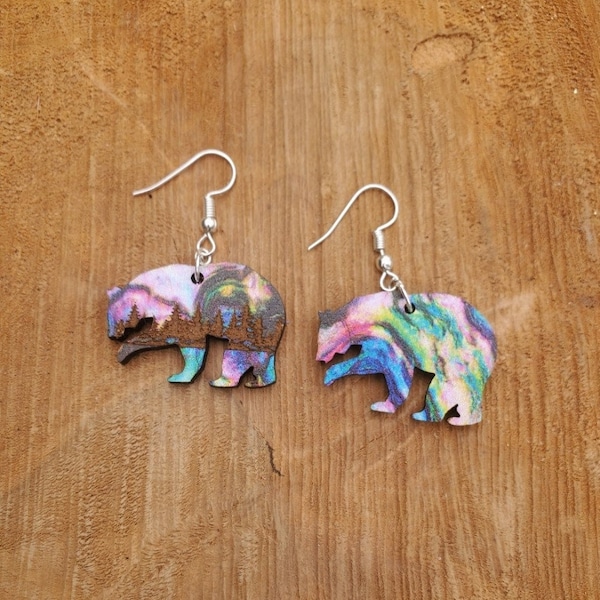 Wooden Bear Dangle Earrings, Aurora Borealis Earrings, Mountain Forest Earrings, Northern Lights Earrings, Wood Earrings, Bear Jewelry