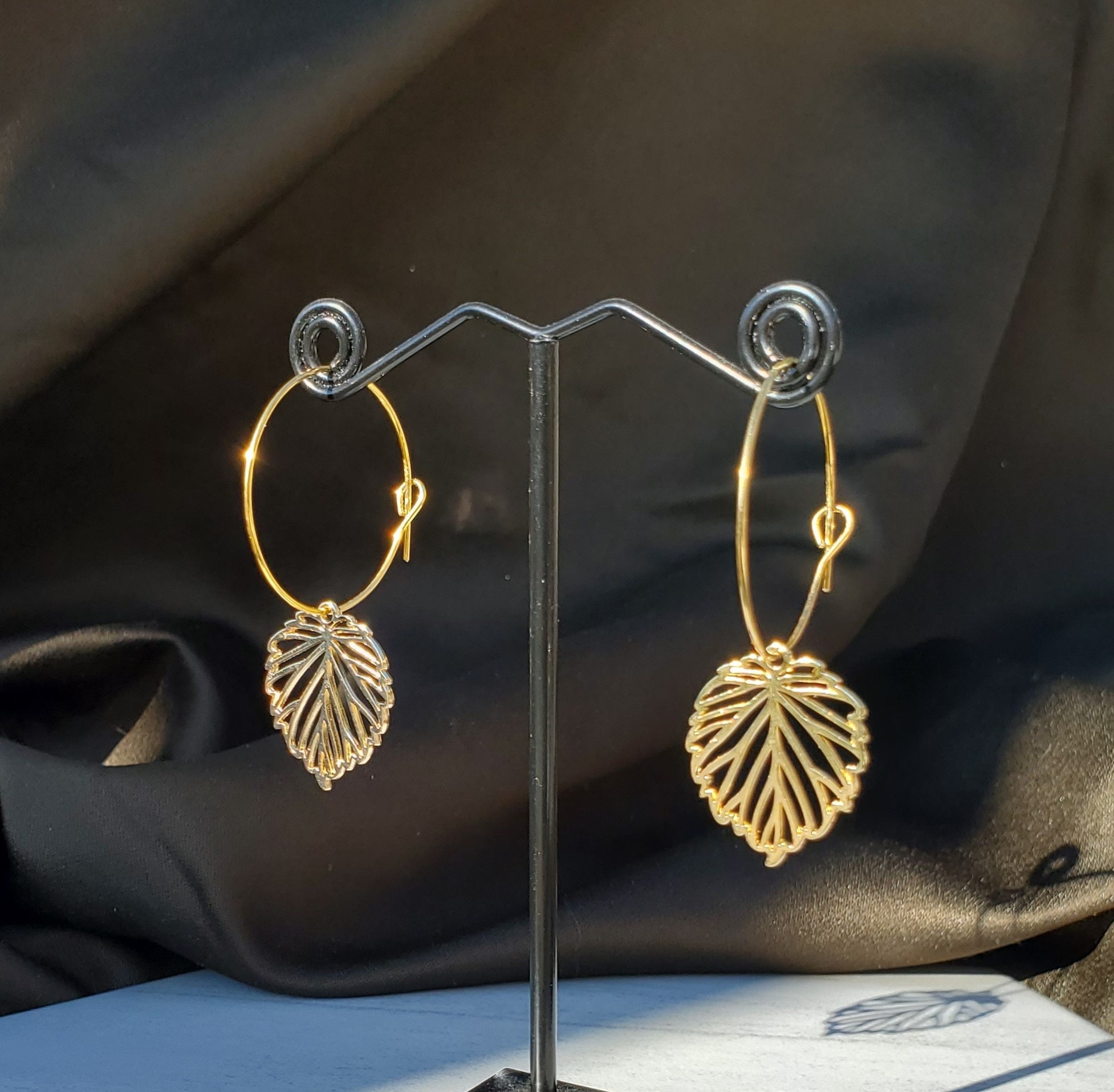 Leaf hoop earrings Dainty gold hoops Charm earrings Nature Etsy