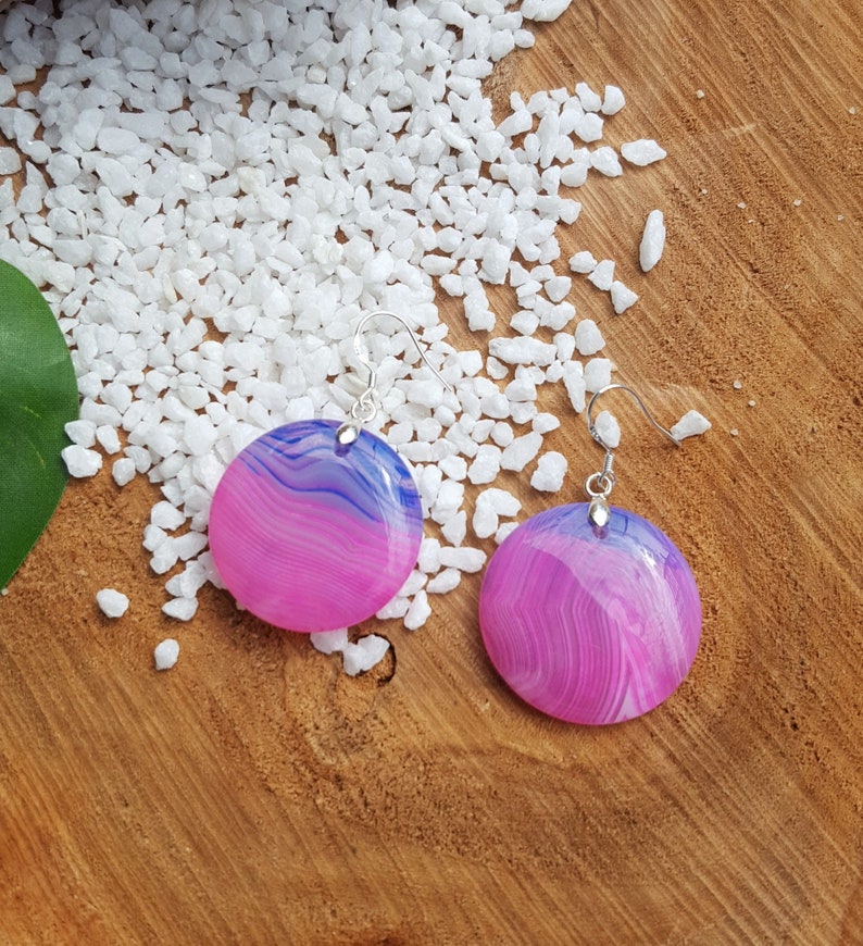 Pink purple banded gate Beaded earrings Gemstone earrings Agate earrings Disc earrings Gift for her Pink earrings