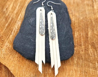 White leather fringe boho earrings, White fringe, Handmade leather jewelry, Genuine leather, Long leather earrings