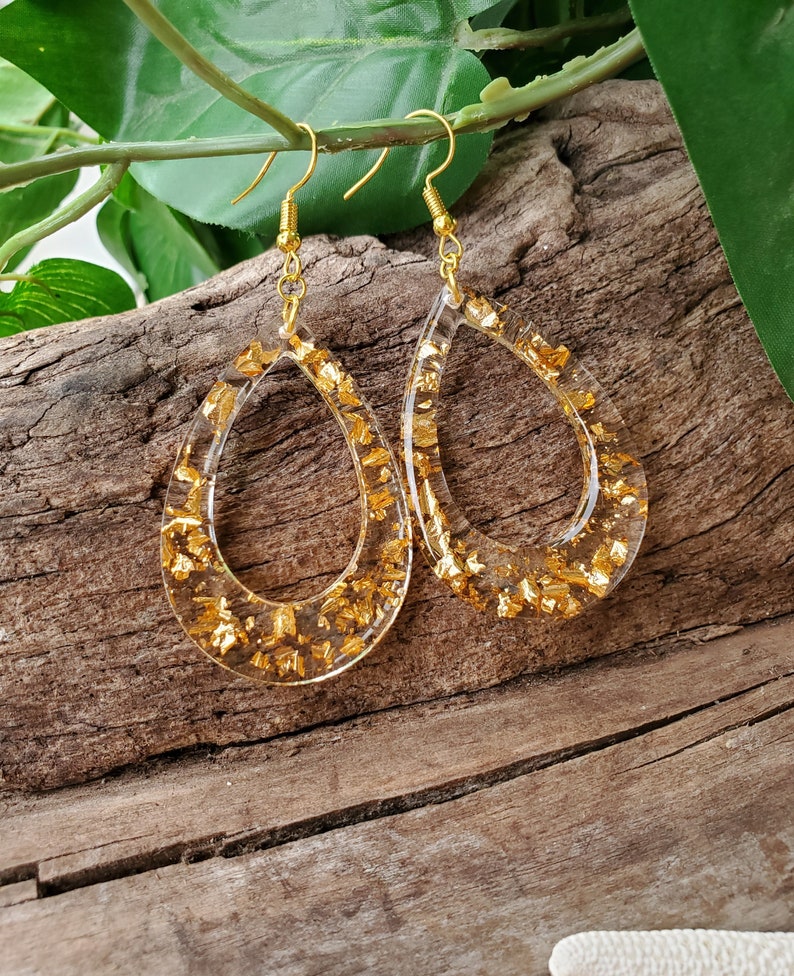 Gold flake resin earrings Gold leaf earrings Hoop earrings Etsy