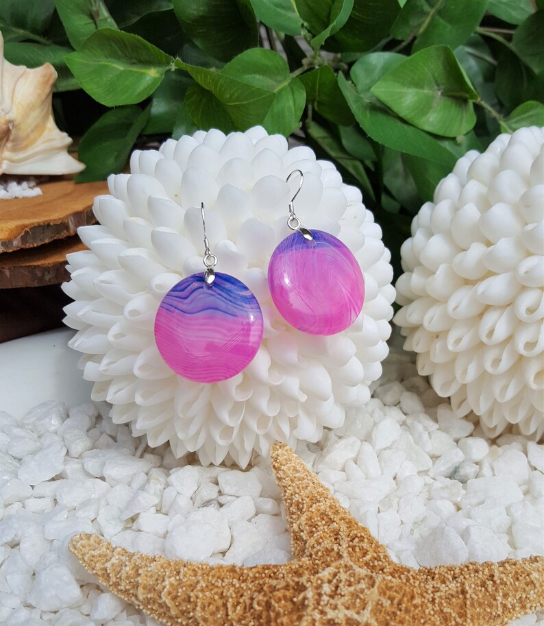 Pink purple banded gate Beaded earrings Gemstone earrings Agate earrings Disc earrings Gift for her Pink earrings
