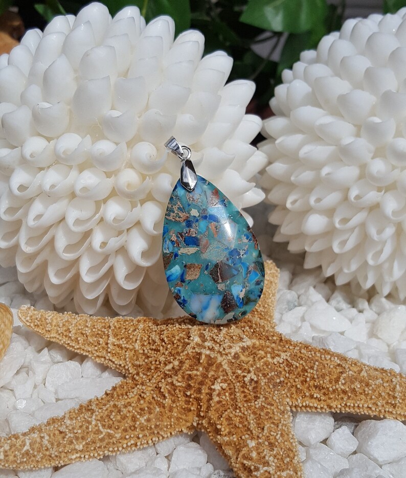 Turquoise coloed pendant Imperial jasper pendant Multi color pendant Blue sea sediment pendant Large focal bead Blue jasper pendant