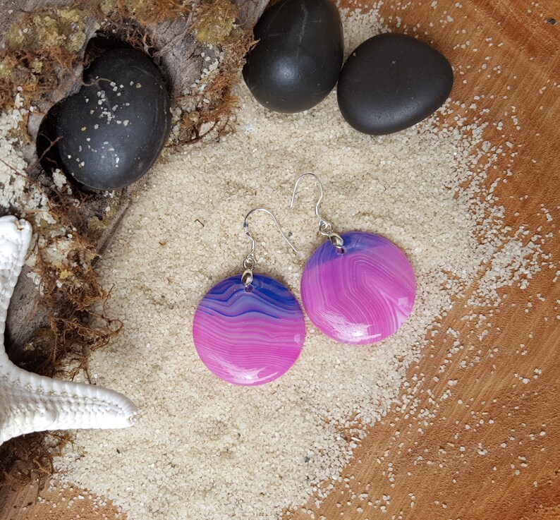 Pink purple banded gate Beaded earrings Gemstone earrings Agate earrings Disc earrings Gift for her Pink earrings