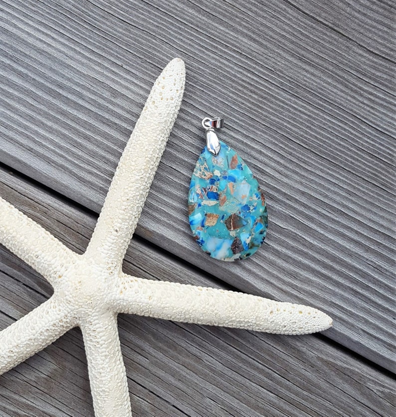 Turquoise coloed pendant Imperial jasper pendant Multi color pendant Blue sea sediment pendant Large focal bead Blue jasper pendant