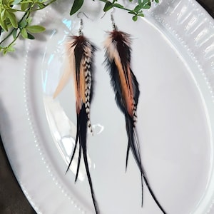 Black White and Peach Colored Feather earrings, Boho Feather earrings, Tribal earrings, Feather earrings