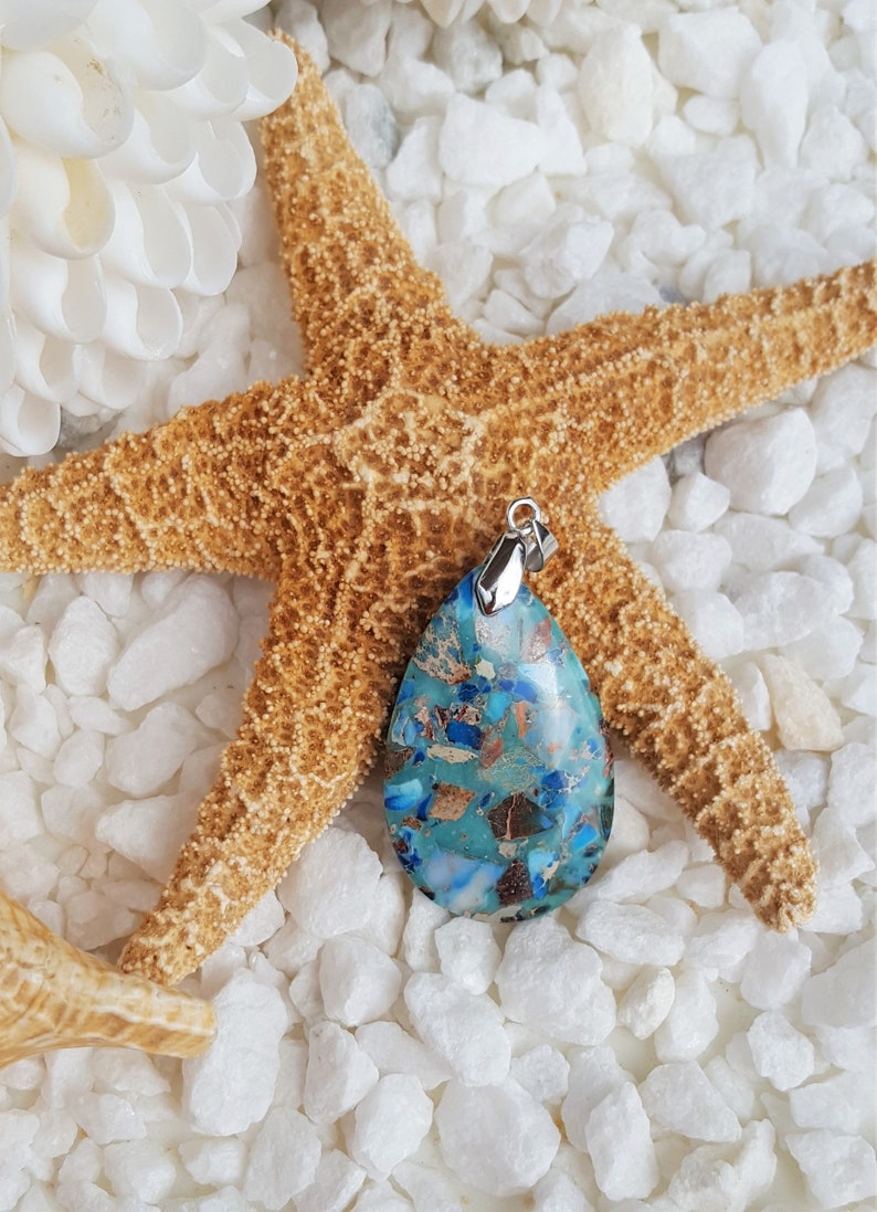 Turquoise coloed pendant Imperial jasper pendant Multi color pendant Blue sea sediment pendant Large focal bead Blue jasper pendant