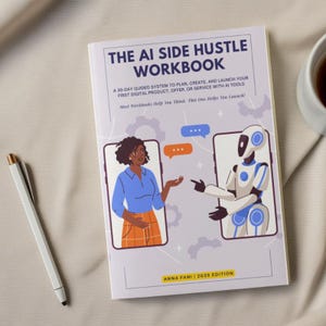 Puede incluir: Un cuaderno blanco titulado "The AI Side Hustle Workbook" con ilustraciones de una mujer y un robot en la portada. Un bol&iacute;grafo y una taza de caf&eacute; est&aacute;n al lado del libro. La portada del libro incluye el texto "A 30-DAY GUIDED SYSTEM TO PLAN, CREATE, AND LAUNCH YOUR FIRST DIGITAL PRODUCT, OFFER, OR SERVICE WITH AI TOOLS."