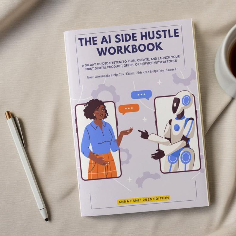 Puede incluir: Un cuaderno blanco titulado "The AI Side Hustle Workbook" con ilustraciones de una mujer y un robot en la portada. Un bol&iacute;grafo y una taza de caf&eacute; est&aacute;n al lado del libro. La portada del libro incluye el texto "A 30-DAY GUIDED SYSTEM TO PLAN, CREATE, AND LAUNCH YOUR FIRST DIGITAL PRODUCT, OFFER, OR SERVICE WITH AI TOOLS."